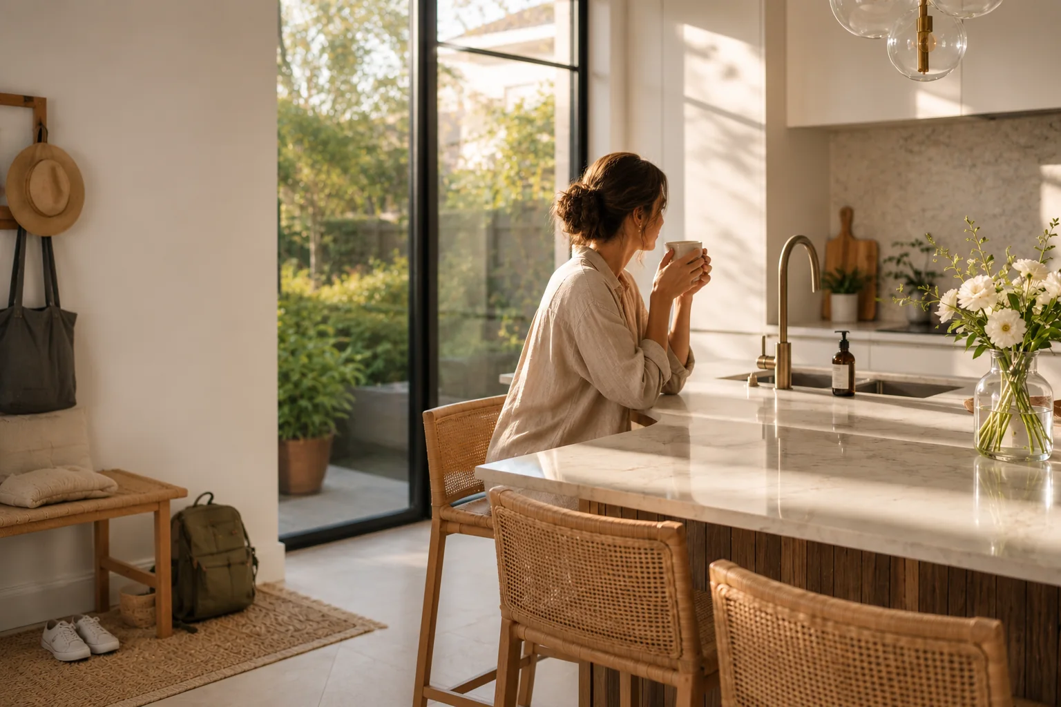 A mother pausing with a coffee in a sunlit, freshly cleaned kitchen in the Sutherland Shire