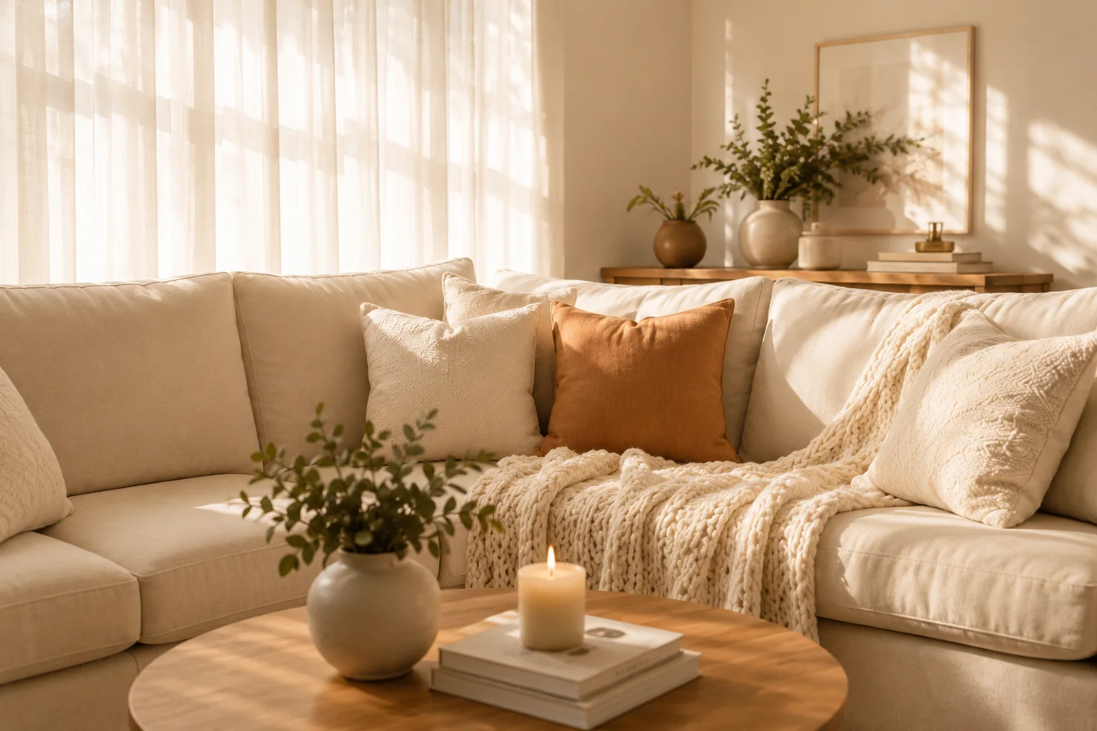 A sunlit living room resting in quiet order, cleaned by Beheli Group