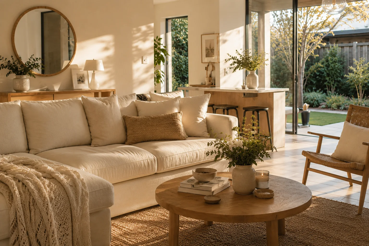 Sunlit living room after a residential cleaning service in the Sutherland Shire by Beheli Group